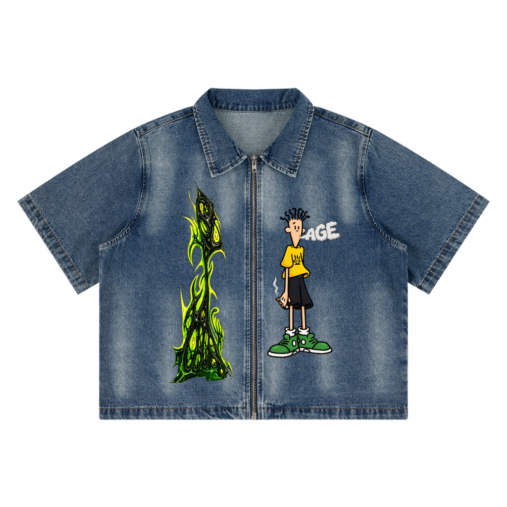 Unisex Vintage Washed Full-Zip Denim Shirt
